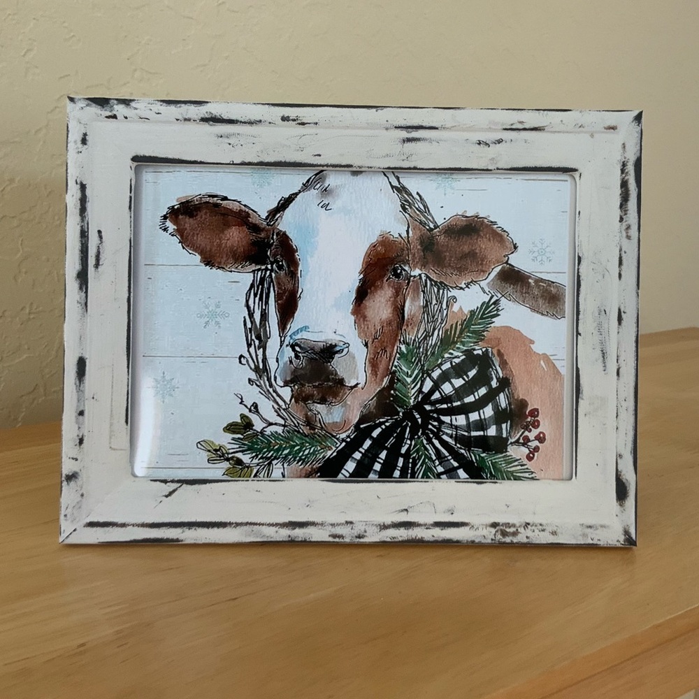 Farmhouse Christmas cow scarf picture 5x7 w/frame